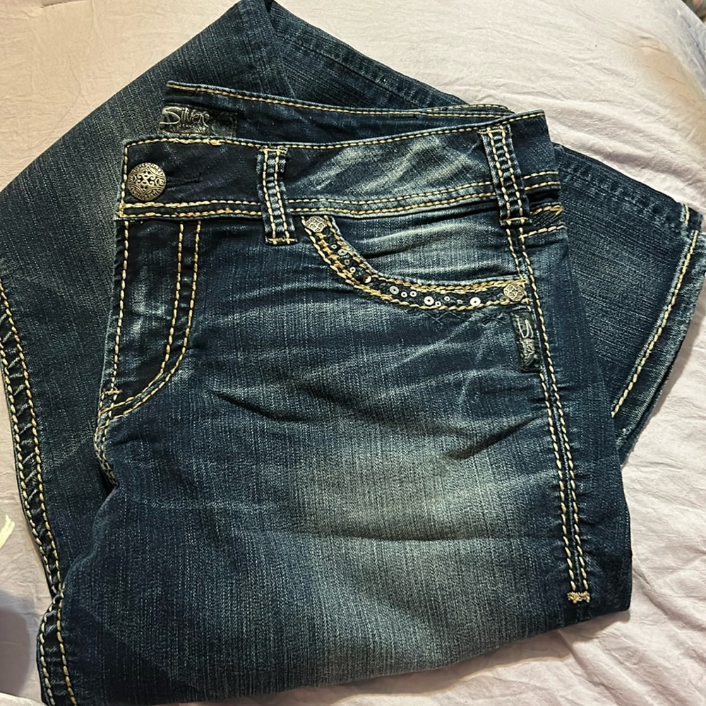 Silver Jeans Co. Womens Suki Denim Mid Slim Boot Sequin Pockets Blue Wash Sz 34